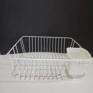 White Plastic Coated Wire Dish Drying Rack with Utensil Cup Vintage
